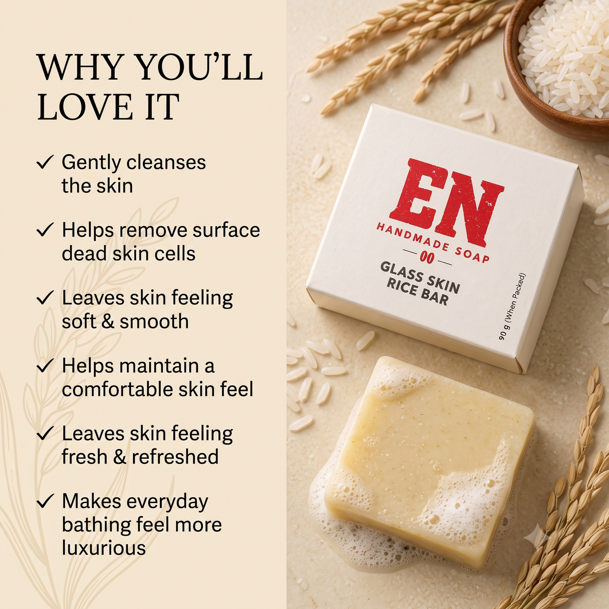 EN Handmade Soap – Glass Skin Rice Bar | Rice & Goat Milk Soap, 90 g
